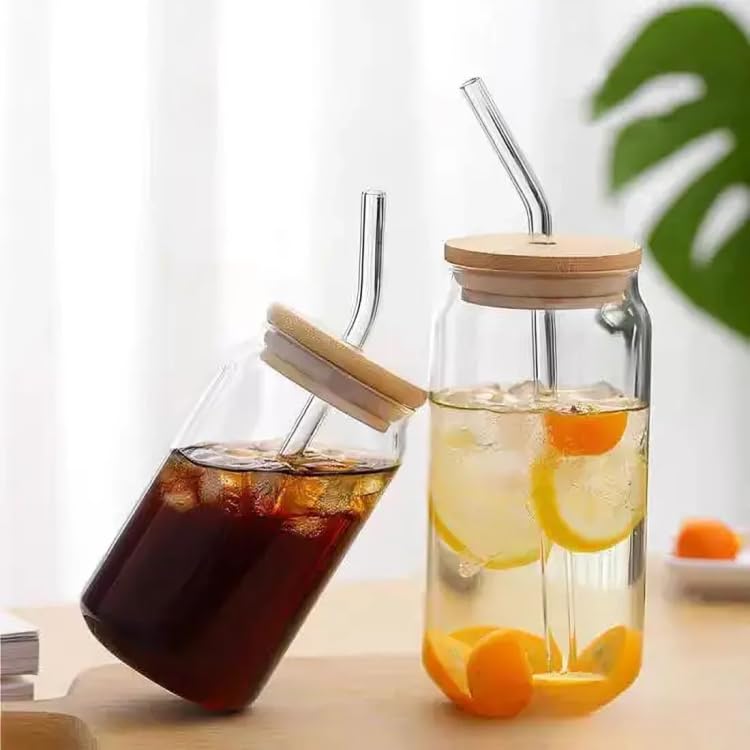 Borosilicate Glass Round Tumbler Jar with Bamboo Lid and Glass Straw