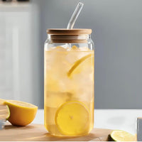 Borosilicate Glass Round Tumbler Jar with Bamboo Lid and Glass Straw