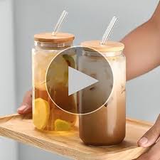 Borosilicate Glass Round Tumbler Jar with Bamboo Lid and Glass Straw