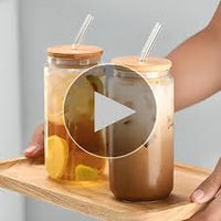 Borosilicate Glass Round Tumbler Jar with Bamboo Lid and Glass Straw