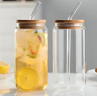 Borosilicate Glass Round Tumbler Jar with Bamboo Lid and Glass Straw